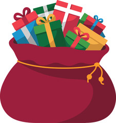 Red Santa bag vector graphic filled with colorful Christmas presents and gift boxes for holiday celebrations