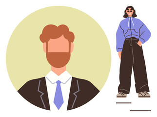 Portrait of a man in business attire alongside a person in trendy oversized casual wear. Ideal for identity, fashion, diversity, lifestyle, business, modern expressions, individuality. Simple flat