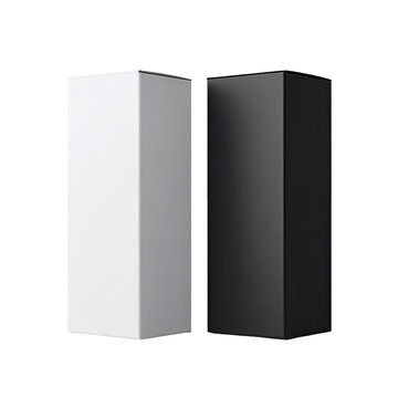 Two tall, rectangular product boxes, one white and one black, stand upright on a dark background