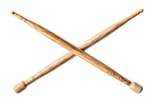 Two crossed wooden drumsticks, rendered realistically against a stark black background