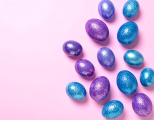 Glittery, colorful eggs on a plain pink background