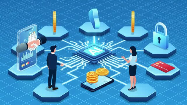 Immersive 3D isometric video: pulsating AI chip, glowing data streams, hexagonal nodes. Professionals interact with holographic tech and fintech elements on grid to dark background. Digital