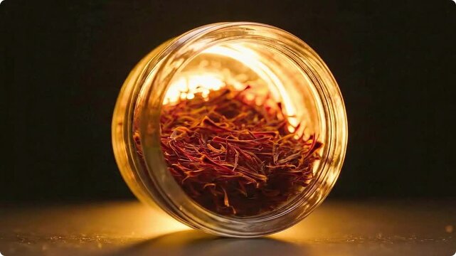 Precious saffron threads glowing warmly in a glass jar, a luxurious spice.