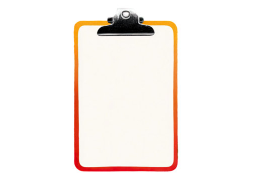 A bright clipboard with a white paper is isolated against a black background