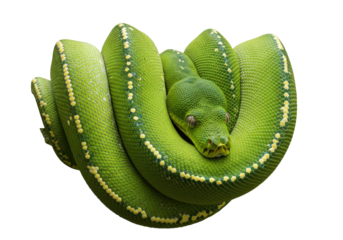 Isolated emerald tree boa coiled, its vibrant green scales and yellow markings creating a striking view