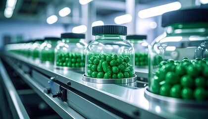 Pills in jars on conveyor belt.