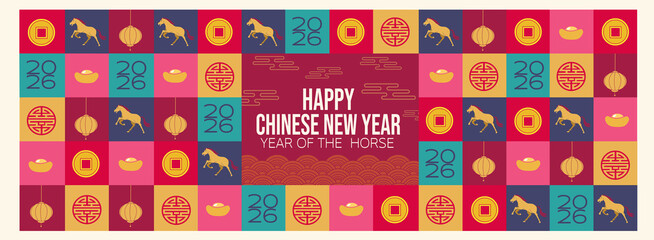 Colorful Chinese New Year 2026 banner with horse, lanterns, coins, and gold ingots in patterned tiles. Festive and modern design celebrating the Year of the Horse with oriental decorative style.