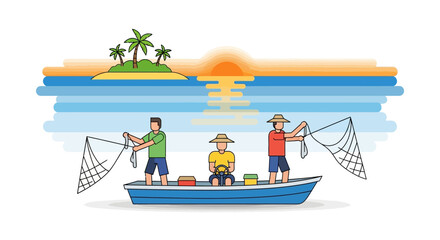 Fishing illustration with a boat, fishermen, nets, island, and sunset over the ocean