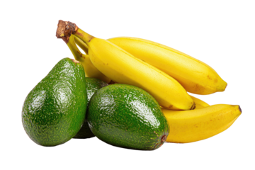 A cluster of yellow bananas nestles around fresh green avocados. Isolated on black