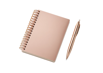 A rose gold spiral bound notebook and pen rest against a solid black background