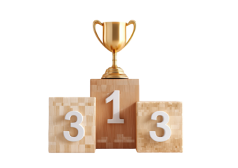 A gold trophy sits atop a wooden podium, displaying numbers 1, 3, 3. Black background