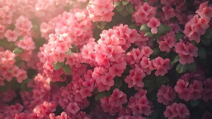 A dense hedge of flowering azaleas in full bloom, the vibrant pink flowers creating a natural border