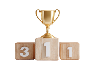 A golden trophy sits atop a wooden pedestal with three numbered blocks, set against a black background