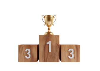A wooden podium with numbers and a gold trophy, set against a solid black background