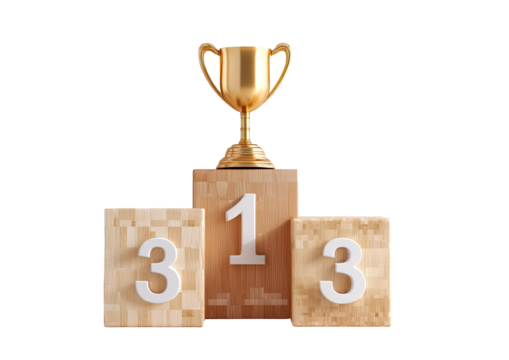 A gold trophy sits atop a wooden podium, displaying numbers 1, 3, 3. Black background