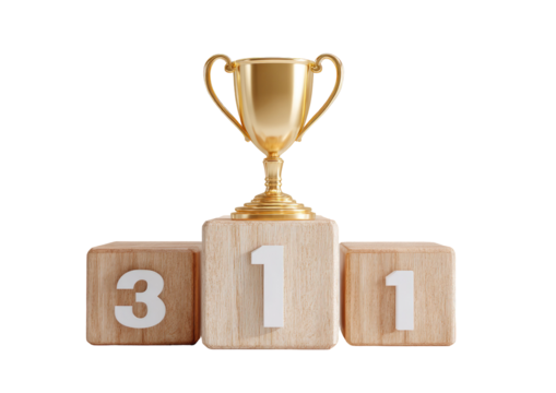 A golden trophy sits atop a wooden pedestal with three numbered blocks, set against a black background - Powered by Adobe