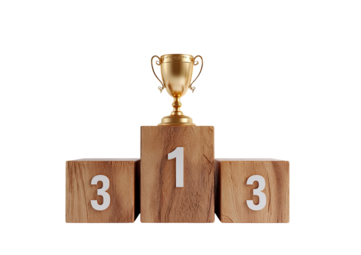 A wooden podium with numbers and a gold trophy, set against a solid black background