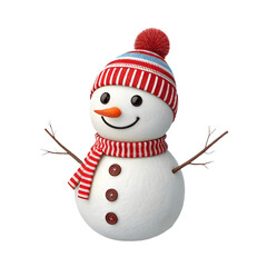 3D Render Snowman Character with Striped Scarf and Knitted Hat Isolated on White Background