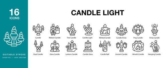 Candle Light icon set. Includes candle, candlelight, flame, wax, wick and More. Editable Stroke Icon Collection.