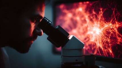 A scientist intensely examines a complex red neural network structure through a microscope in a dimly lit laboratory