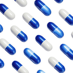 Capsules in repeating pattern against black. Blue & white medicine for health or illness