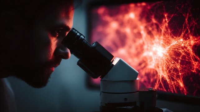 A scientist intensely examines a complex red neural network structure through a microscope in a dimly lit laboratory - Powered by Adobe