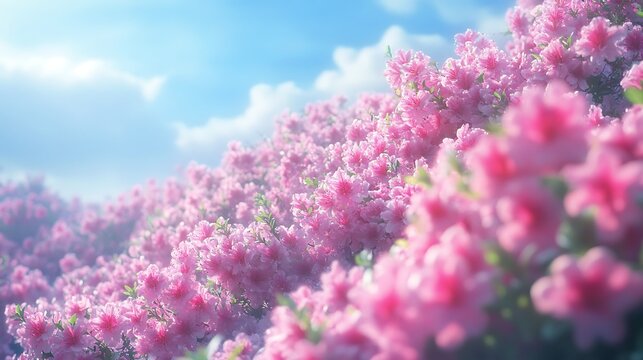A dense hedge of flowering azaleas in full bloom, the vibrant pink flowers creating a natural border - Powered by Adobe