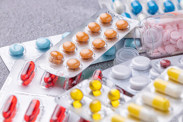 Variety of medicines and drugs.Medicine and healthcare concept.Variety of medicines and drugs.Medicine and healthcare concept.Pill for the prescription and treatment various diseases chemistry
