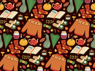 Obraz premium Autumn seamless pattern with different elements on dark. Background with sweaters, candles, pumpkins, books, socks, umbrellas, fall leaves
