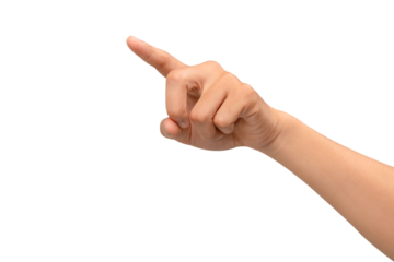 A hand with the index finger pointing up, isolated on a transparent PNG. This gesture can represent touching a virtual screen, selecting an option, or clicking an interface. high quality studio shot.
