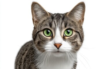 Obraz premium Charming Close-Up of a Playful Tabby Cat with Stunning Green Eyes on a Bright White Background