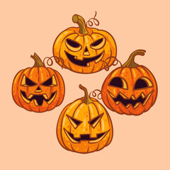 Spooky jacko'lanterns with carved faces arranged in a playful pattern perfect for halloween decorations and festive autumn designs creating a fun and eerie atmosphere