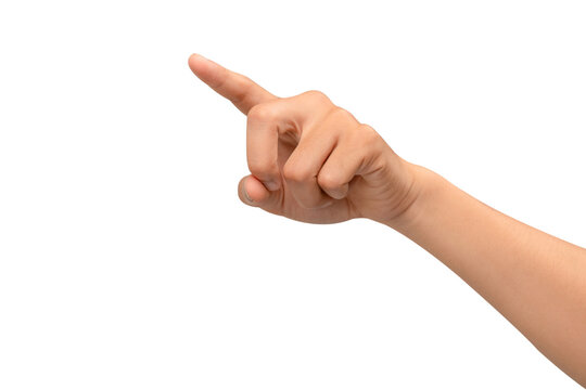 A hand with the index finger pointing up, isolated on a transparent PNG. This gesture can represent touching a virtual screen, selecting an option, or clicking an interface. high quality studio shot.