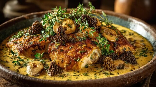 A pan of roasted meat with morels and herbs in a creamy sauce