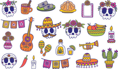 Day of the Dead elements flat lined illustrations set. Mexican holiday Dia De Los Muertos. Hand drawn vector illustrations of sugar skulls, candles, traditional offerings and other festive elements.