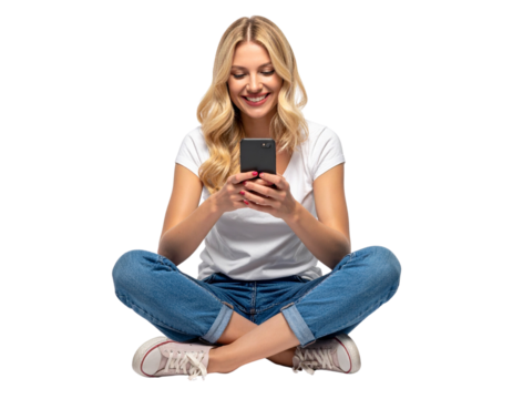  - blonde woman sits on the floor and joyfully watching smart phone, png file of isolated cutout object with shadow on transparent background png - Powered by Adobe