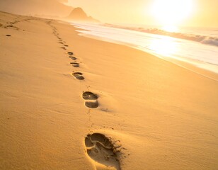 Footprints leading into a golden sunset beach scene