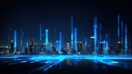 A futuristic city where binary patterns flow through a massive database guarded by a glowing firewall, connected by neon link bridges representing computing and function byte streams