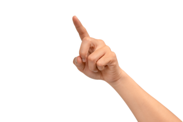 A hand with the index finger pointing up, isolated on a transparent PNG. This gesture can represent touching a virtual screen, selecting an option, or clicking an interface. high quality studio shot.