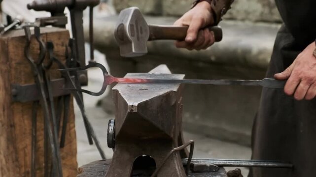 Super slow-motion static shot of a blacksmith finishing a forged piece on the anvil with a hammer; hot metal flakes and sparks burst on impact, tools around the workbench.