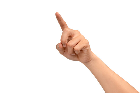A hand with the index finger pointing up, isolated on a transparent PNG. This gesture can represent touching a virtual screen, selecting an option, or clicking an interface. high quality studio shot.