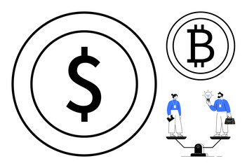 Dollar and Bitcoin symbols beside two professionals on a scale exchanging a glowing idea. Ideal for finance, cryptocurrency, innovation, teamwork, collaboration, balance, and decision-making