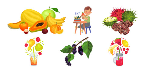 Enjoy fresh, colorful fruits for a healthy lifestyle with delicious smoothie and happy kid eating at table, showcasing vibrant tropical flavors