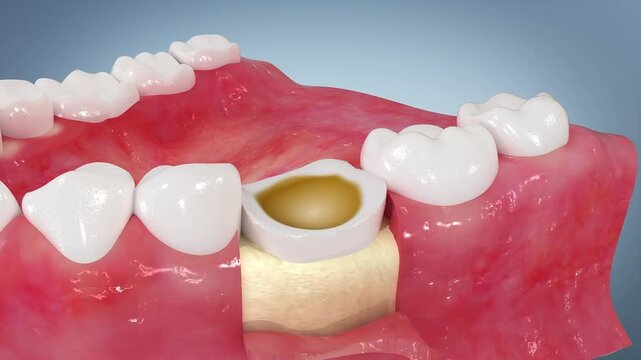 Tooth extraction procedure, dental surgery. Cutting the gums to expose the tooth, extracting the decayed tooth, suturing the wound, and implanting a crown model. Medical 3D animation.