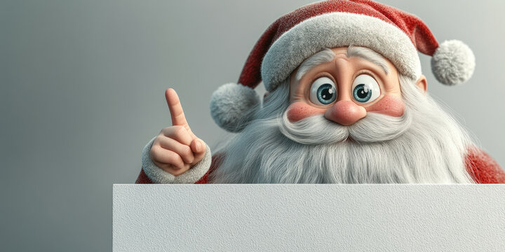 funny cheerful Santa Christmas character with surprise face pointing finger to the side, 3d illustration, playful holiday pose, isolated on white background with copy space