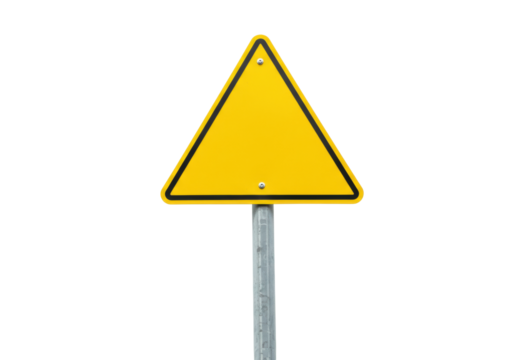 Isolated triangular traffic sign, yellow with black border, mounted on a metal post warning
