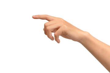 A hand with the index finger pointing up, isolated on a transparent PNG. This gesture can represent touching a virtual screen, selecting an option, or clicking an interface. high quality studio shot.