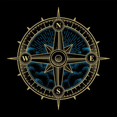 Golden compass with sky and sunlight in engraving line art style