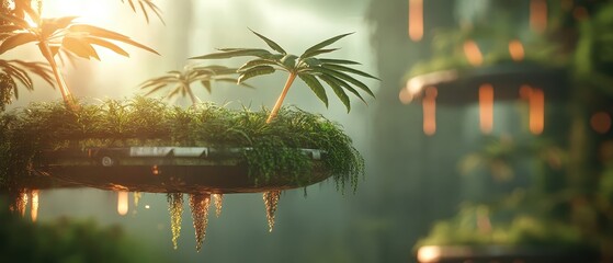 Lush green plants thrive on elevated platforms, forming a futuristic vertical farm. Golden sun rays illuminate the vibrant urban rooftop garden setting.