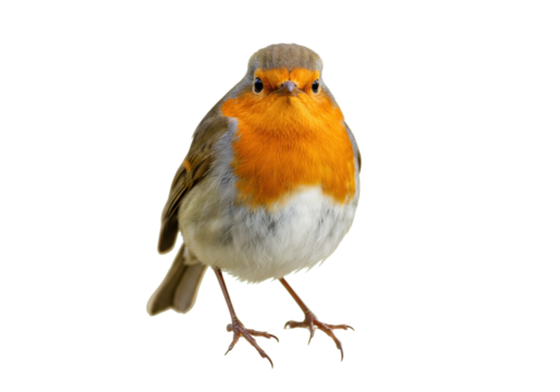 Isolated European robin, small bird with orange chest and round shape, looking at camera